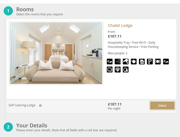 The image displays a booking interface for a self-catering lodge with details about the accommodation and pricing.