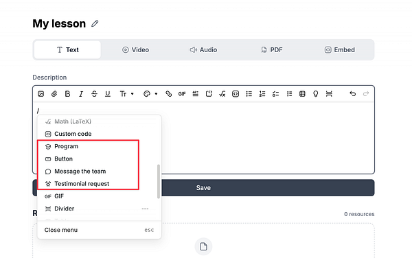 Screenshot of a rich text editor interface showing new blocks like Heading, Program, Button, Message team, and Testimonial Request.