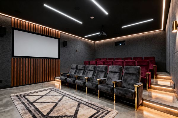 A modern, tiered home theater features a large projection screen set into gray acoustic wall panels with a walnut slat accent below. Charcoal velvet recliners with brass details face the screen, deep burgundy seats occupy raised platforms, and linear LED strips and warm perimeter lighting highlight a black ceiling, illuminated steps, and polished concrete floor anchored by a neutral geometric rug; a ceiling-mounted projector and wall speakers complete the room.