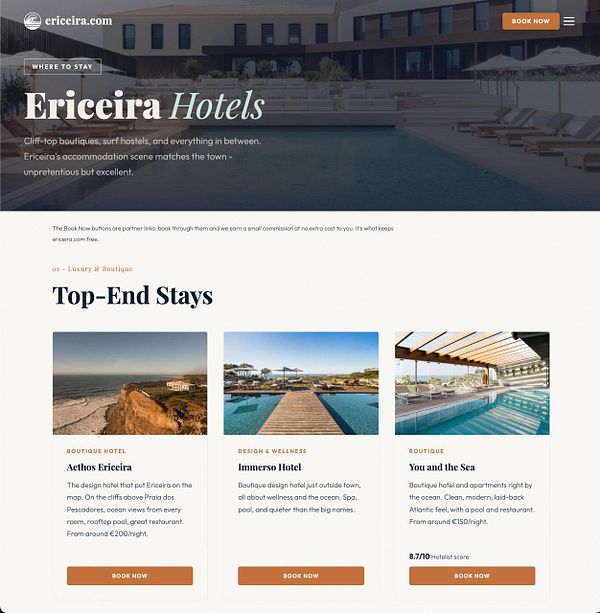Hotel booking section on ericeira.com highlighting top-end stays with direct booking buttons.