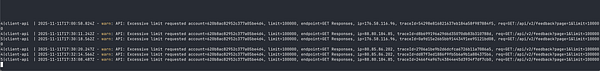 The image displays a log of API requests indicating excessive limit warnings for specific accounts.
