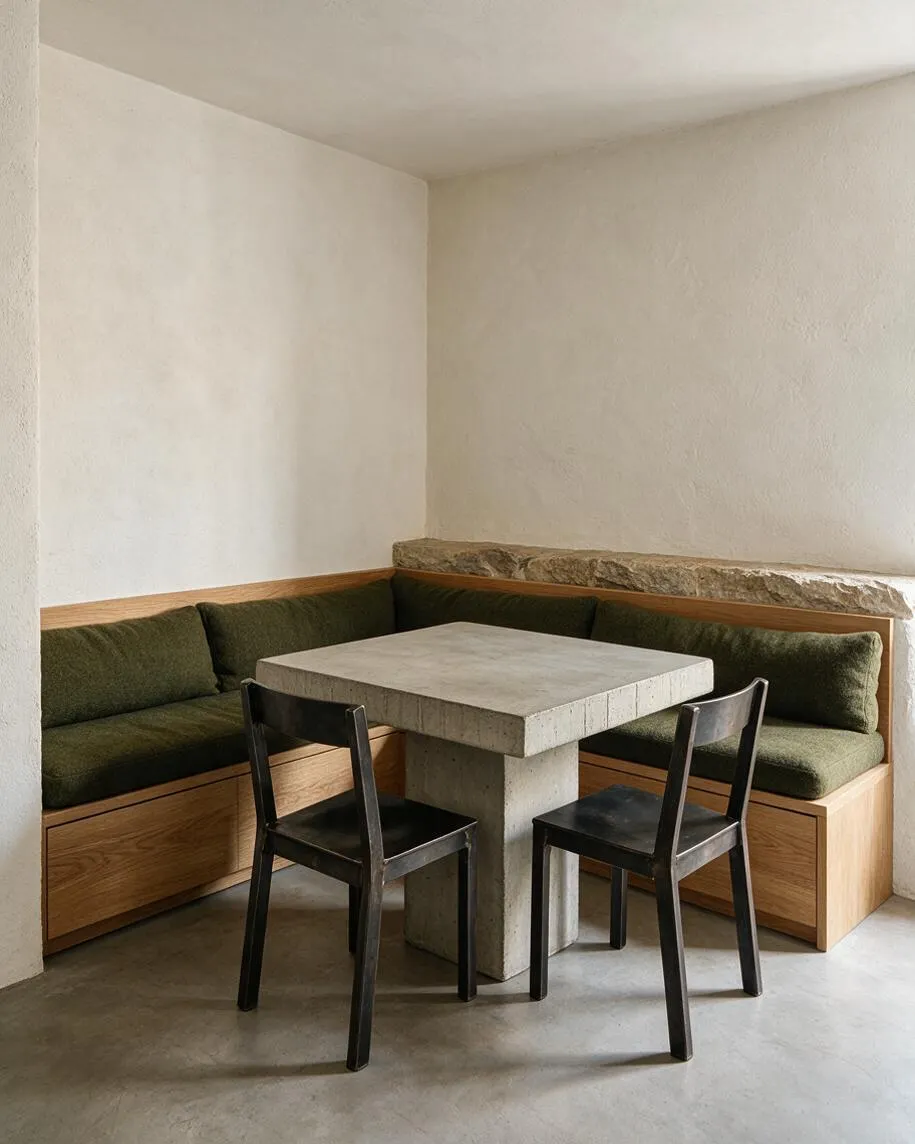 A compact dining nook features a square concrete table surrounded by built-in corner benches with olive green cushions and warm wood bases. Two black wooden chairs sit in front on a smooth gray floor, while white textured walls and a stone ledge create a raw, minimalist Brutalist feel.