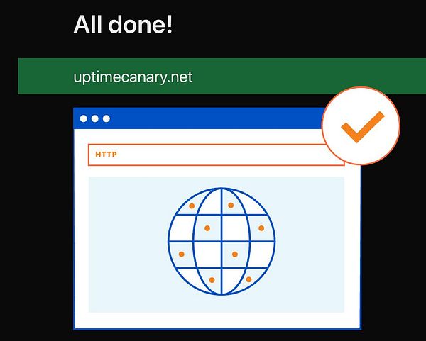 The image displays a confirmation message indicating the successful registration of the domain uptimecanary.net.