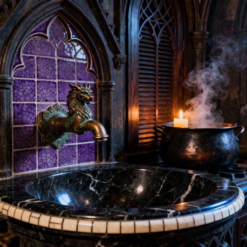 Close-up of a Gothic kitchen sink with a polished black marble basin edged in ivory mosaic, set beneath an ornate dragon-head brass spout. The backsplash features pointed-arch panels of crackle purple tiles framed by carved stone, while a steaming cast-iron cauldron and a single candle glow beside dark wood shutters, creating a moody, medieval atmosphere.