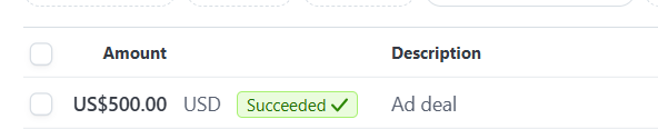 A financial transaction record indicating a successful ad deal for $500.