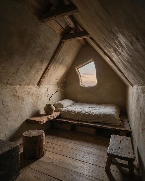 A small guest bedroom with a low bed built on wooden pallets, soft white bedding, and a rough plaster interior with exposed timber beams. A tiny irregular window brings in sunset light, while a live-edge shelf, clay vase, stump stool, and weathered bench add organic texture.