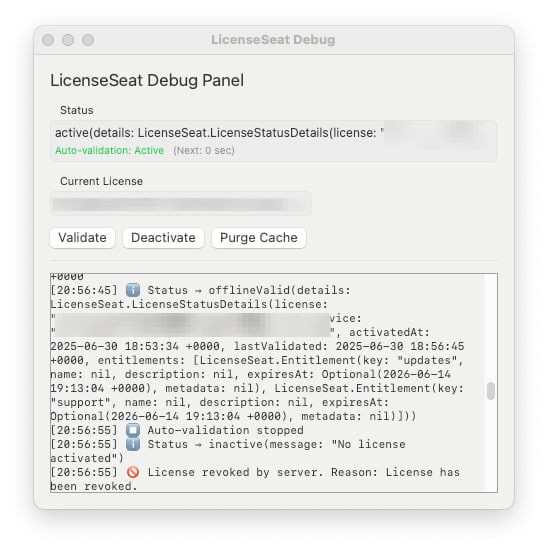 The image displays a LicenseSeat debug panel showing the status and details of a software license.