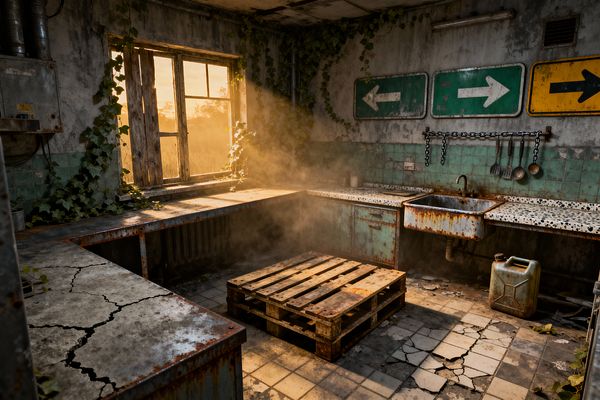 An abandoned, L-shaped kitchen with rusted steel counters, cracked concrete surfaces, and seafoam ceramic tiles. Golden evening light streams through a broken, ivy-framed window, illuminating dust over a corroded enamel sink, a chain rail of hanging utensils, salvaged road signs on the wall, fractured checker floor tiles with a weathered wood pallet, exposed pipes, and peeling plaster, conveying a cinematic post-apocalyptic mood.