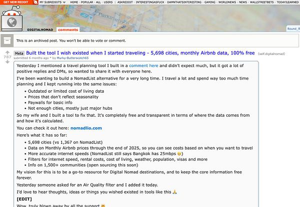 A Reddit post discussing a travel planning tool designed for digital nomads.