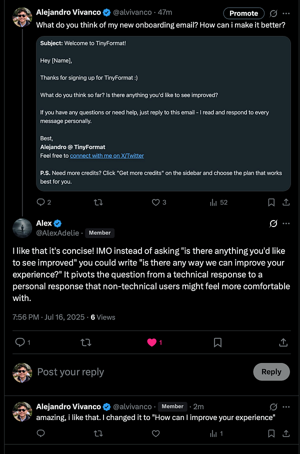 A Twitter conversation discussing feedback on an onboarding email for TinyFormat.