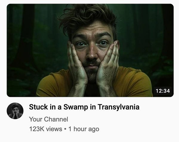 A man with a surprised expression is featured in a dark, forested setting.