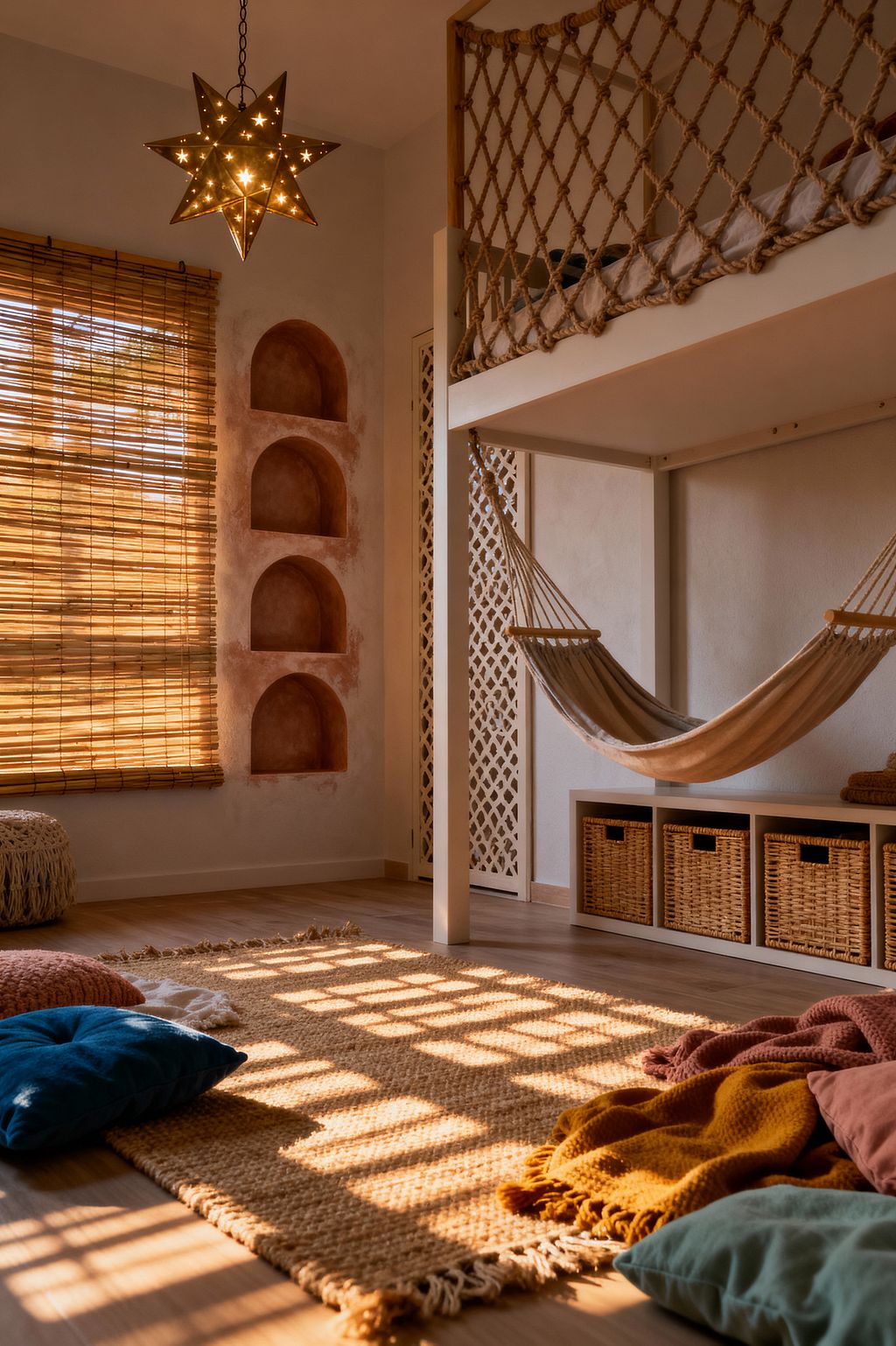 A warm, bohemian kids’ room with a loft bed framed by a rope net and a hammock suspended beneath. Sunlight filters through bamboo blinds onto a jute rug and pale wood floors, illuminating terracotta arched wall niches, a perforated star-shaped pendant light, a lattice screen door, and a low storage bench with woven rattan baskets; scattered floor cushions and chunky knitted throws in mustard, rust, teal, and sage create a soft play zone.