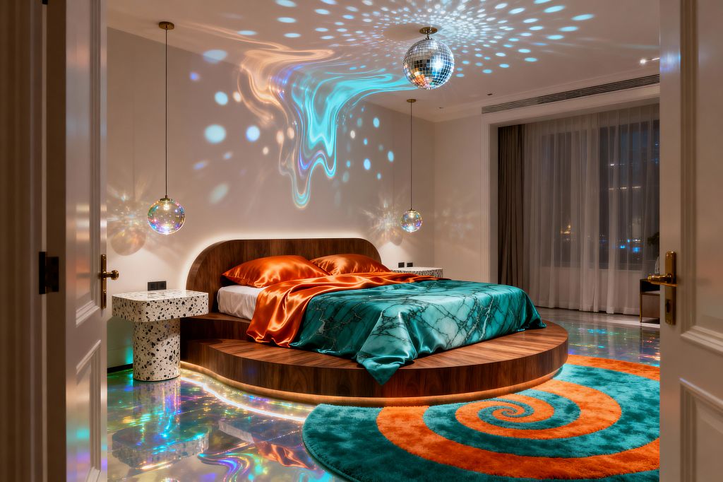 Through open doors, a circular walnut platform bed with an integrated curved headboard sits beneath a mirrored disco ball, casting dotted light over warm white walls and ceiling. Orange satin sheets, a teal marble-patterned coverlet, terrazzo pedestal nightstands, iridescent globe pendants, a glossy resin floor with rainbow reflections, and a teal-and-orange spiral shag rug define the room, with layered sheers and blackout drapes framing a large window.
