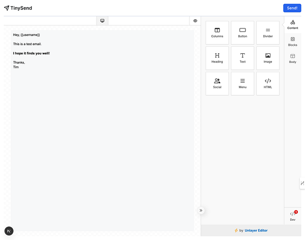 The image displays an email editor interface for TinySend with a draft email and various editing tools.