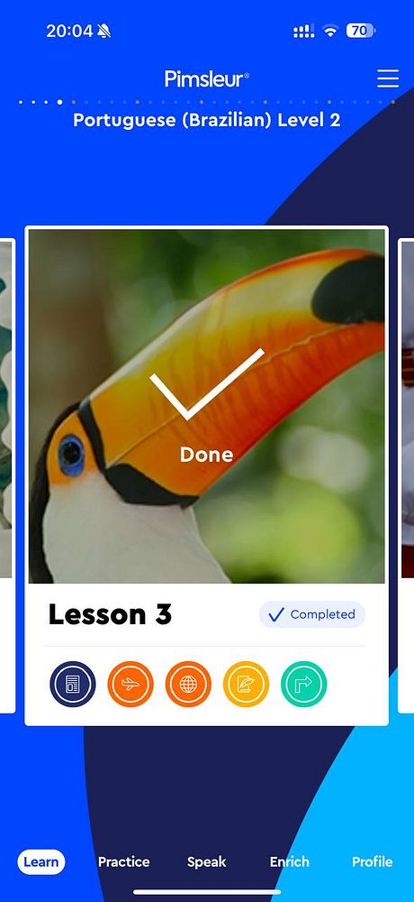 The image displays a completed lesson from the Pimsleur Portuguese language learning app.