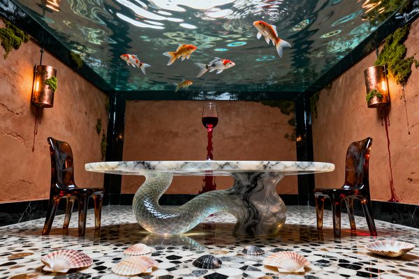 A surreal dining room features a glass ceiling filled with water and koi fish above a round white marble table supported by a serpentine translucent resin base. Two amber acrylic chairs sit on a black-and-white terrazzo floor scattered with seashells. Terracotta plaster walls with patches of moss and warm copper sconces frame the space, with red drip details adding dramatic contrast. A single glass of red wine stands centered on the tabletop.