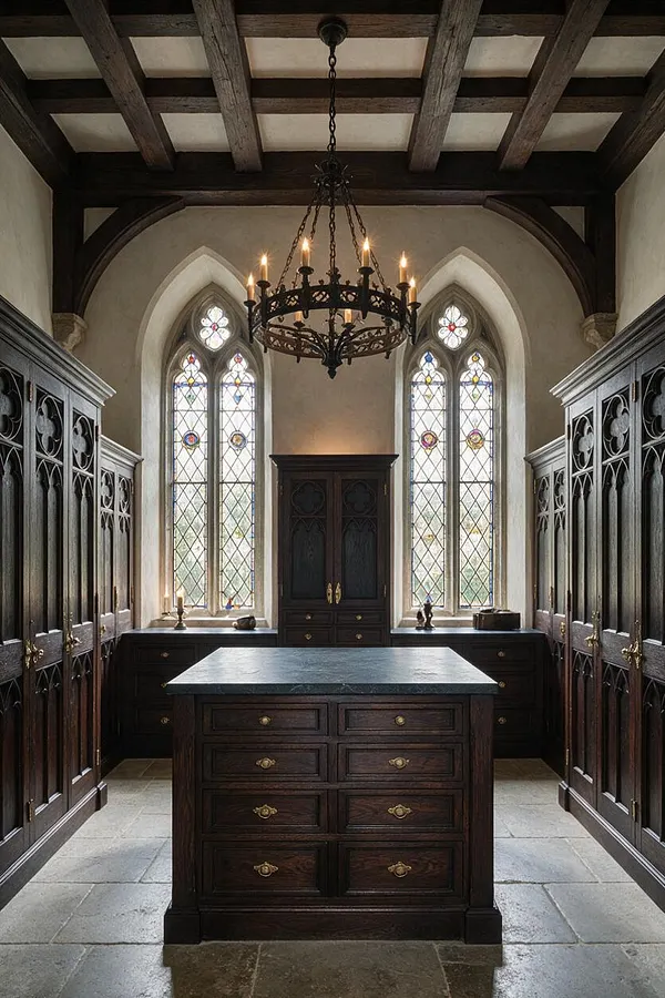 A dramatic Gothic-style closet with dark oak cabinetry, pointed-arch leaded stained-glass windows, and a wrought-iron chandelier. A central island with a stone top sits on a pale stone floor, framed by carved cabinet doors and brass hardware.