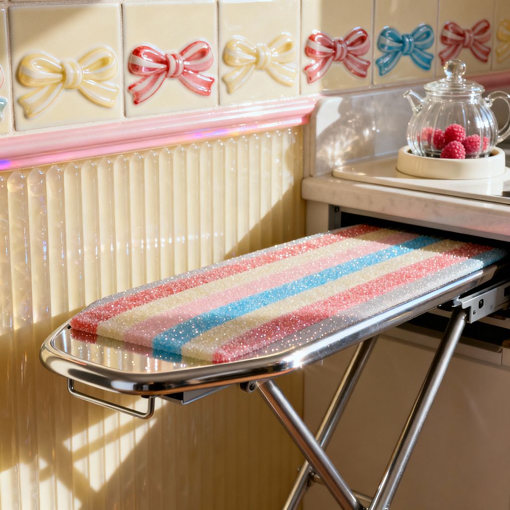 Close-up of a whimsical laundry corner styled like Candy Land: a pull-out ironing board with a glittering pastel cover in pink, aqua, buttercream, and white, edged in chrome, slides from a cabinet beneath a white marble counter. The backsplash features glossy cream tiles with raised bow motifs in pink, red, and blue above a pink trim and iridescent ribbed wainscoting. Sunlight hits a glass teapot on a tray with red berries, making the surfaces sparkle.