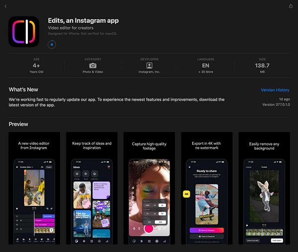 The image displays the App Store page for 'Edits, an Instagram app,' showcasing its features and previews.