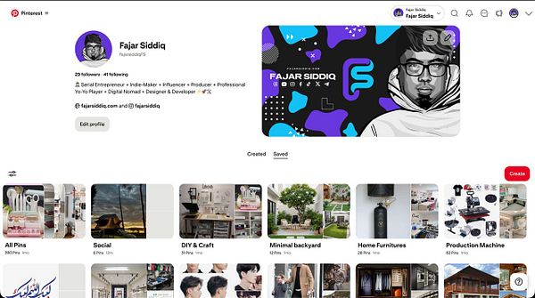 Pinterest business profile of user 'fajarsiddiqFS' showing profile picture, follower stats, and recent pins.