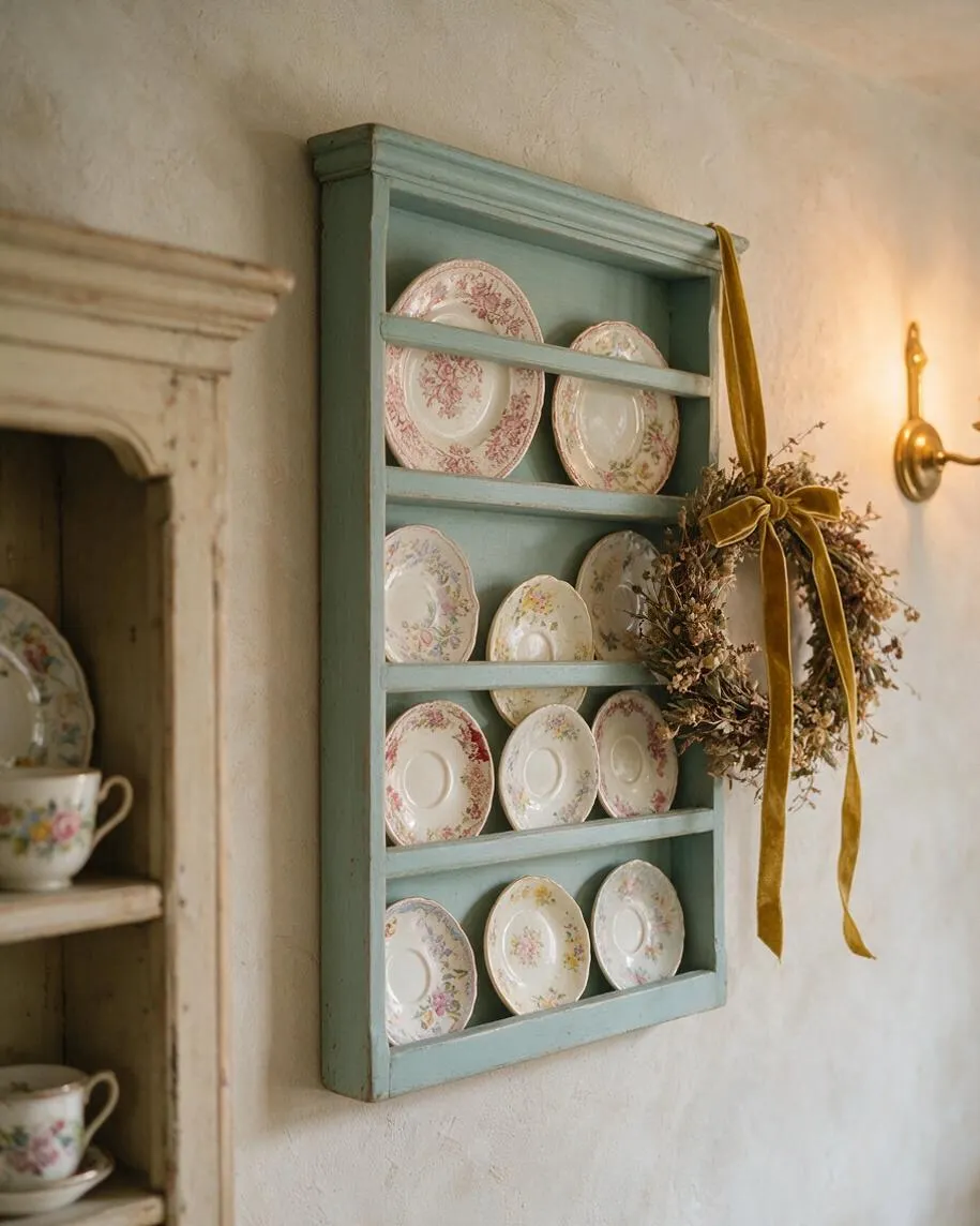 A pastel blue wall-mounted plate rack displays delicate floral china plates in neat rows, with a dried wreath tied by a mustard velvet ribbon hanging from one side. The arrangement sits on a textured cream wall beside a rustic cabinet and brass wall sconce, creating a cozy cottagecore look.