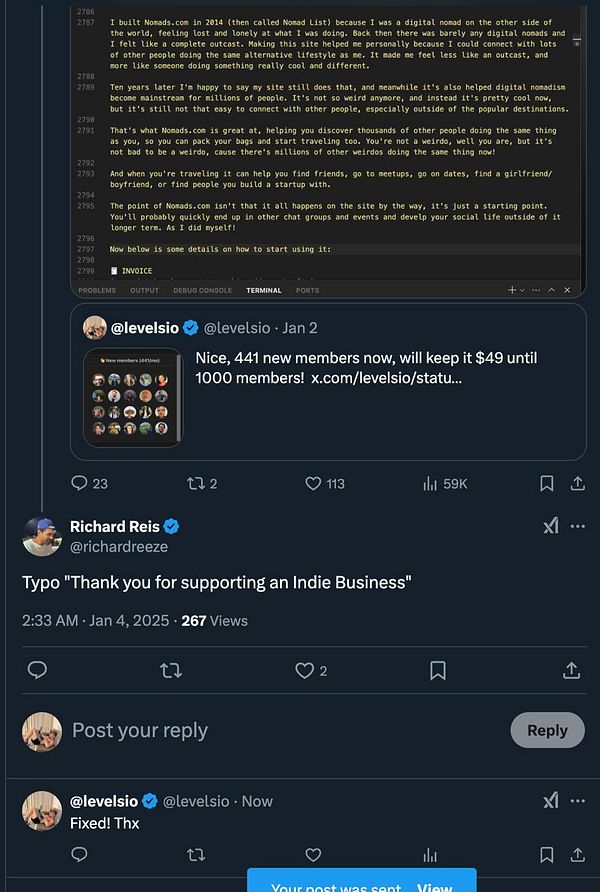A Twitter conversation discussing a typo in a welcome email for a digital nomad community.