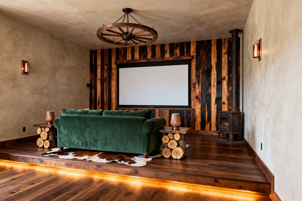 A rustic media room with a large projection screen set in a vertical accent wall of alternating charred and honey-toned wood planks. A forest-green velvet sofa sits on a brown-and-white cowhide rug, flanked by log-base side tables with perforated copper lamps. The walnut platform floor is underlit with warm LEDs. A wagon-wheel ceiling fixture and a black cast-iron wood stove sit against beige plaster walls, creating a cozy, cabin-like feel.