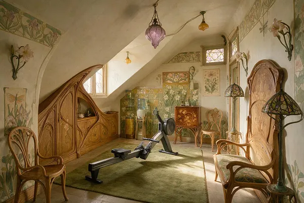 A cozy attic home gym styled in Art Nouveau design, featuring a rowing machine on a green rug, carved wood cabinetry, floral wall murals, stained-glass pendant lights, and curved wooden chairs. The sloped ceiling and warm natural light create an elegant, vintage-inspired workout space.