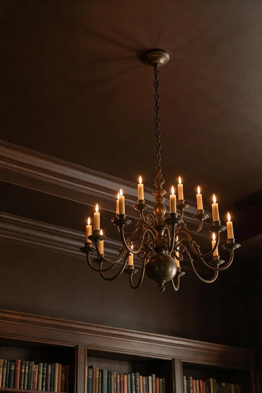 A dark academia interior detail showing an ornate brass chandelier with multiple lit candle-style bulbs hanging from a chain. Below it, the top of built-in bookshelves filled with books is visible against deep brown walls and dark trim.