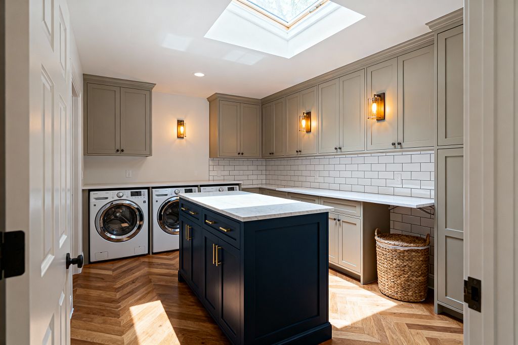 A skylit laundry room with greige Shaker cabinets lines the walls, white quartz counters, and a white subway-tile backsplash with gray grout. A deep navy island with brass hardware and a marble-look top stands on warm herringbone oak floors, flanked by front-loading washer and dryer, glass wall sconces on black backplates, and a woven laundry basket tucked under the counter.