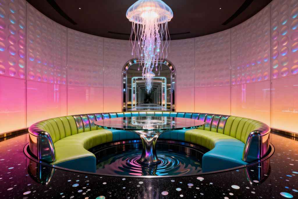 A circular dining room features a wraparound banquette in lime and aqua vinyl with iridescent piping, encircling a round glass table on a mirror-chrome pedestal that ripples like liquid. Gradient-lit, dimpled wall panels shift from pink to amber, a black glossy floor speckles like stars, and a translucent jellyfish chandelier glows above, reflected endlessly in an arched mirror corridor edged with neon.