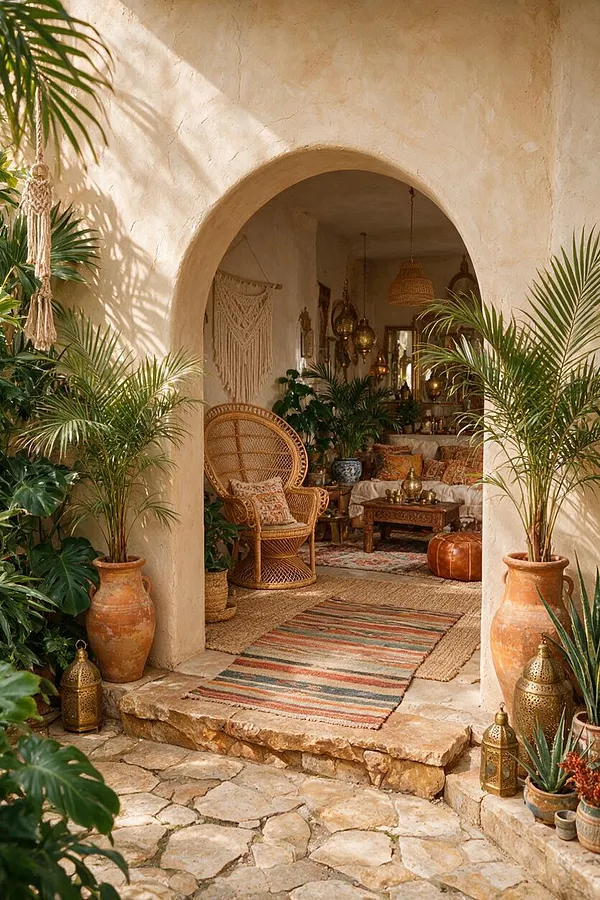 A sunlit bohemian courtyard entrance with a large stucco arch, textured cream walls, and a stone floor. The space is layered with potted palm plants, terracotta urns, woven rugs, a rattan chair, hanging lanterns, and warm neutral textiles in an inviting earthy palette.
