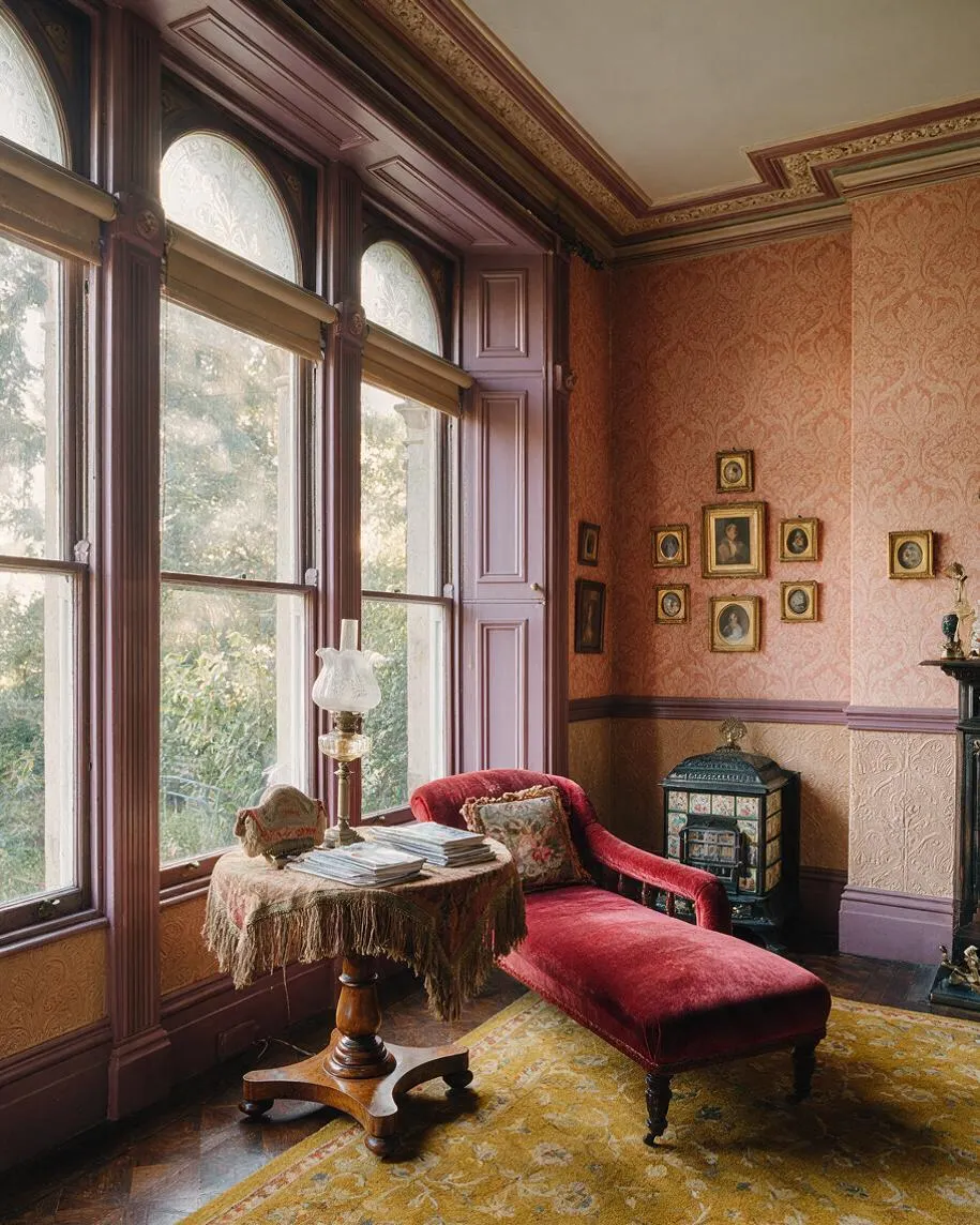 A Victorian-style sunroom with tall arched windows, mauve wood paneling, patterned peach wallpaper, and ornate crown molding. A deep burgundy chaise lounge sits beside a small round table covered with a fringed cloth, while framed portraits and a decorative stove add to the antique atmosphere.