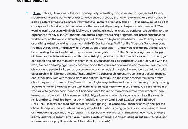 The image features a detailed text about a project called 'Mused' that focuses on creating immersive simulations for urban planning and historical reenactments.