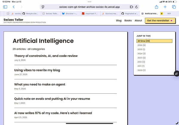 Screenshot of a blog post listing page with header and navigation elements, showing multiple articles with dates, categories, and titles.