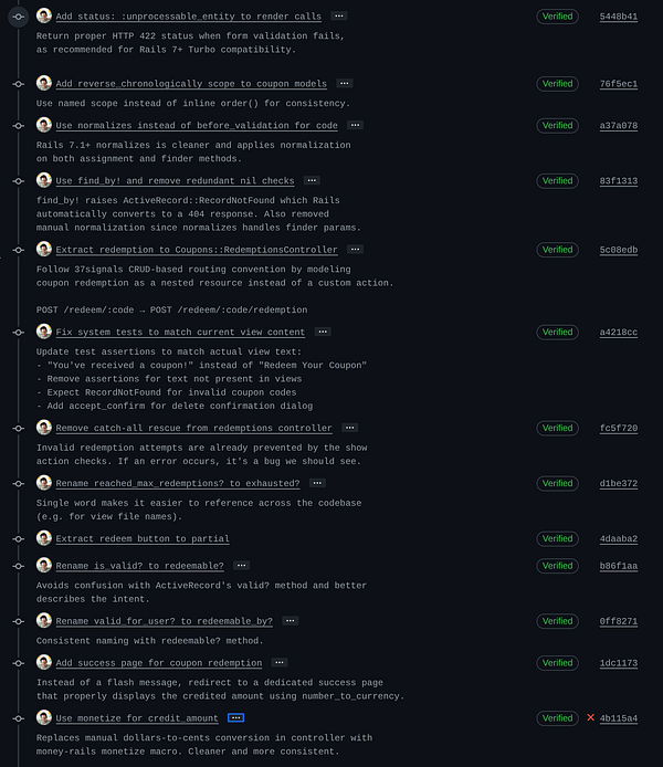 Screenshot of a Git GUI showing a list of commits with details and options for pushing changes.
