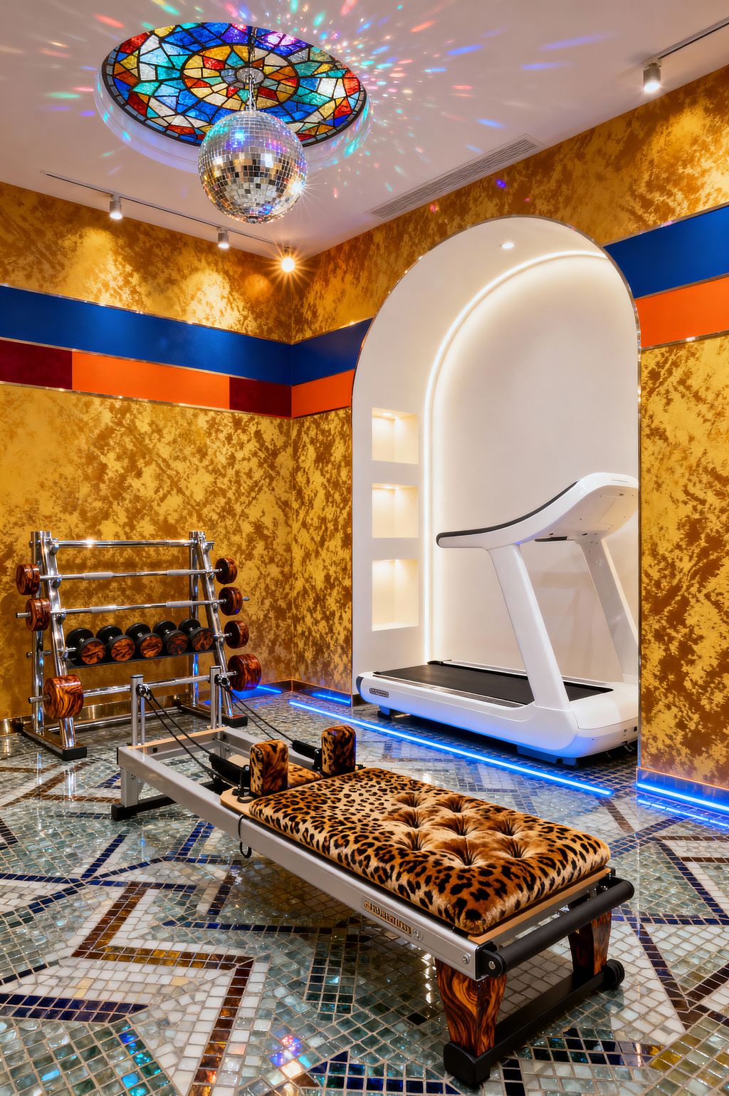 A maximalist home gym features a geometric mosaic tile floor and a leopard‑print tufted Pilates reformer in the foreground. To the left stands a chrome dumbbell rack with wood‑grain plates; to the right, a white treadmill sits in a softly lit arched niche with square display cubbies. Gold marbled walls with cobalt and orange bands surround the space, while a stained‑glass ceiling medallion and mirrored disco ball cast colorful light with blue LED accents along the floor.