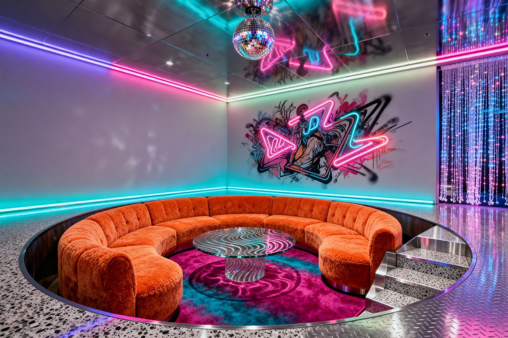 Neon-lit living room with a circular sunken conversation pit features a burnt-orange bouclé curved sectional around a clear acrylic coffee table with wavy patterns on a magenta-to-teal shag rug. A mirrored ceiling with a disco ball, color-changing LED strips at the ceiling and baseboard, a graffiti mural edged with pink and cyan neon, terrazzo border flooring, aluminum diamond-plate steps, and a shimmering fiber-optic curtain create a vivid retro-futuristic atmosphere.
