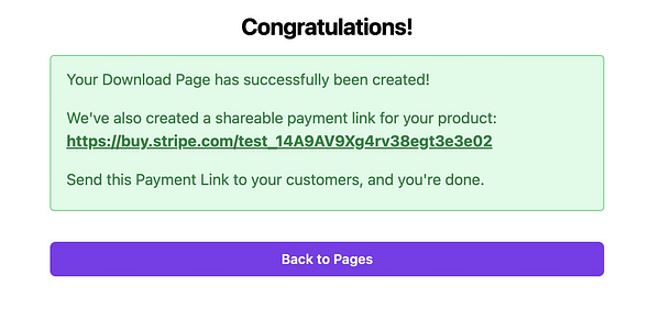 A confirmation message indicating the successful creation of a download page and a shareable payment link.