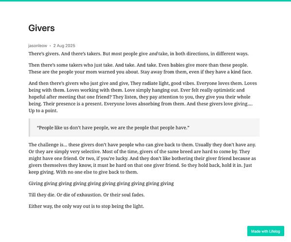 The image features a text post discussing the concepts of givers and takers in relationships.