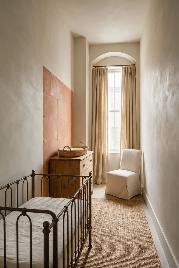 A narrow nursery with plaster walls, a tall arched window dressed in beige curtains, and a vintage metal crib in the foreground. A rustic wooden dresser with a woven basket sits beside a textured woven rug and a slipcovered cream chair.