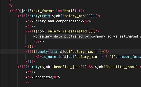 The image displays a code snippet related to job posting formatting in HTML.