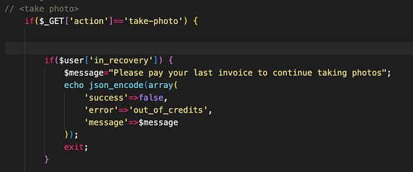 The image displays a code snippet related to user access control for a photo-taking feature.