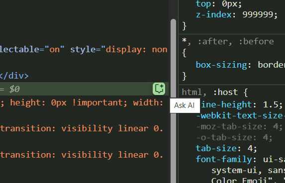 The image displays a screenshot of Chrome DevTools with a focus on the CSS and HTML code sections.