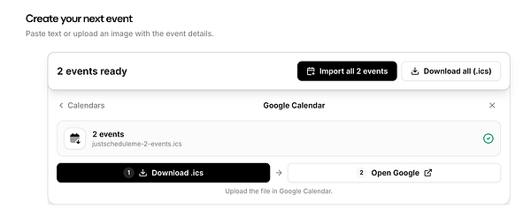 Screenshot of a calendar events import interface showing a list of newly imported events with their dates and weekday labels.