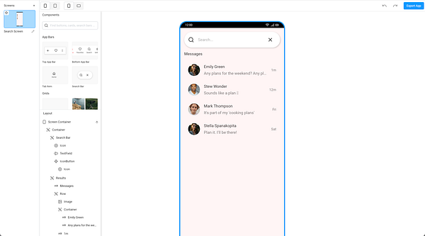 The image displays a mobile app interface showcasing a messaging screen with a search bar and a list of messages.