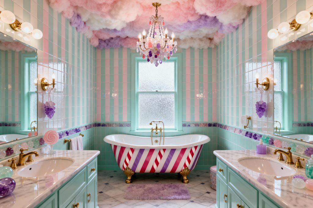 A whimsical bathroom in pastel colors features a central white clawfoot tub painted with diagonal red-pink and lavender stripes and gold feet, set beneath a frosted window. Mint-painted double vanities with white marble tops and brass faucets line both sides, with large mirrors and globe sconces. Walls are tiled in glossy mint and pink vertical stripes with a lavender mosaic border, and the ceiling is covered in cotton-candy-like clouds with a crystal chandelier. Marble floor tiles and candy-inspired accessories complete the playful look.