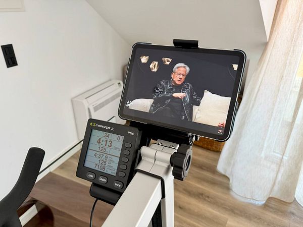Close-up view of a Concept2 BikeErg console showing workout data including time, distance, and watts.