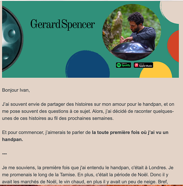 The image features a newsletter from Gerard Spencer discussing his love for the handpan.