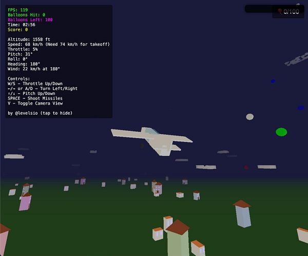 A flight simulation interface displaying an aircraft flying over a stylized landscape at night.